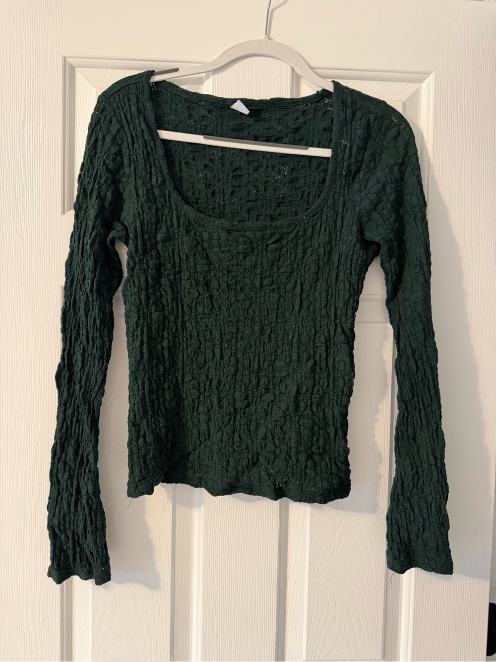 Old Navy Dark Green Crinkle Scoop Neck Long Sleeve Top